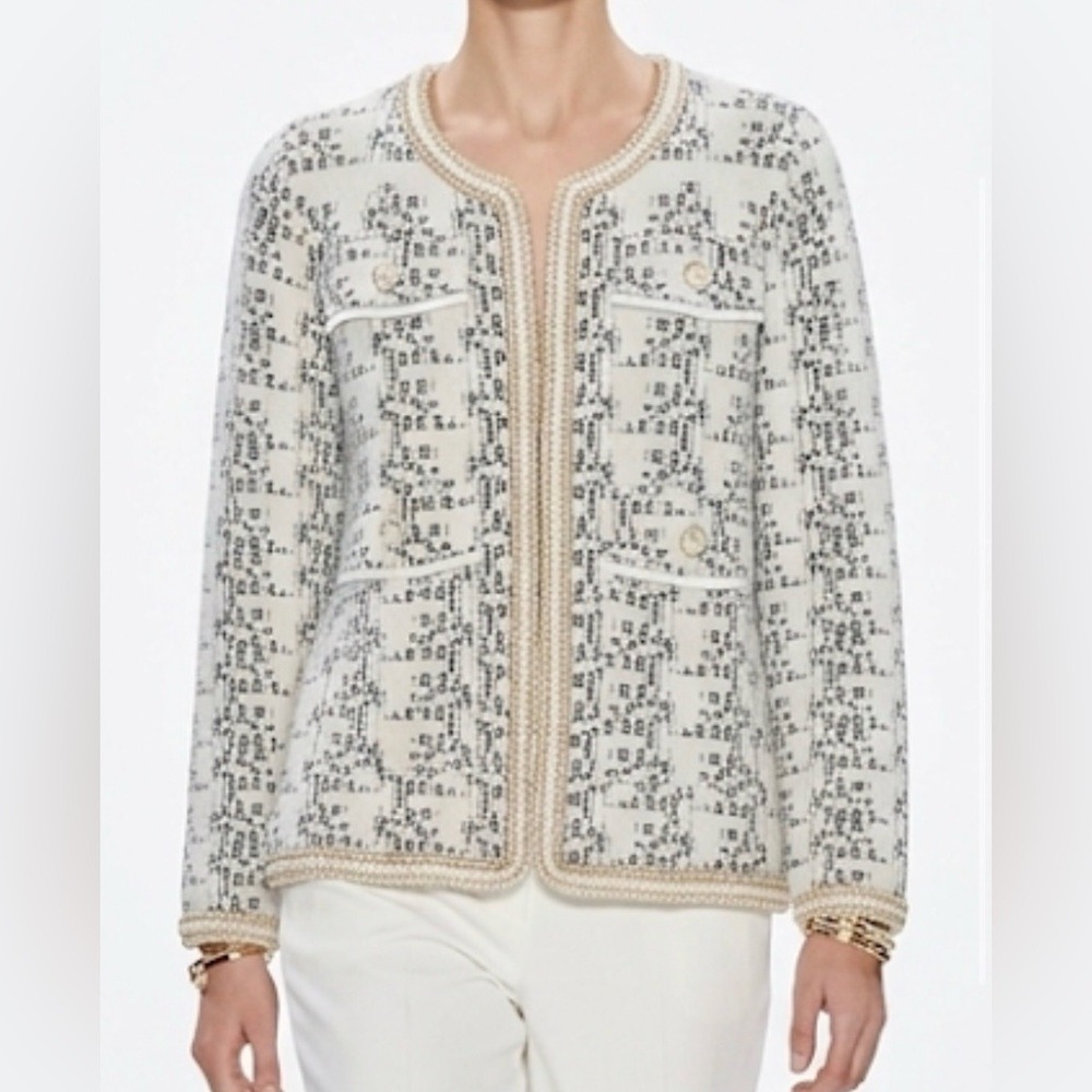Northern Angel Black White Abstract Knit Open Front Lady Jacket Gold Trim M